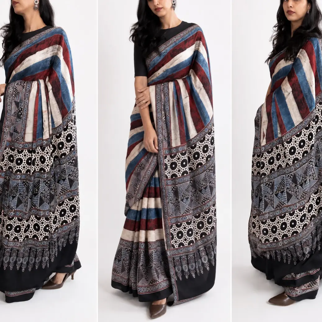 Ajrak Handblock Modal silk saree